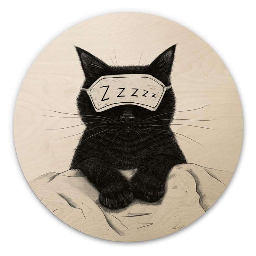 Holzbild Schwarze Katze mit Schlafmaske - Korenkova - Rund