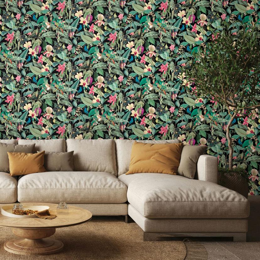Non-woven tapet i sort, grønne blade blomster blomster natur