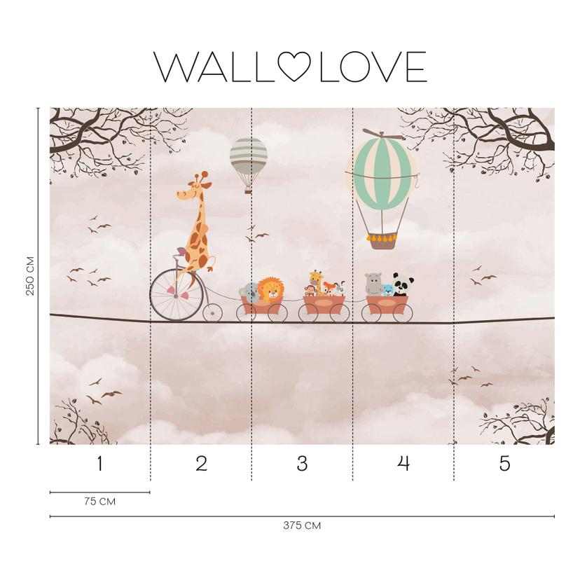 Animali sul treno rosa beige 3,75 x 2,50 m - Fotomurale per bambini con mongolfiera