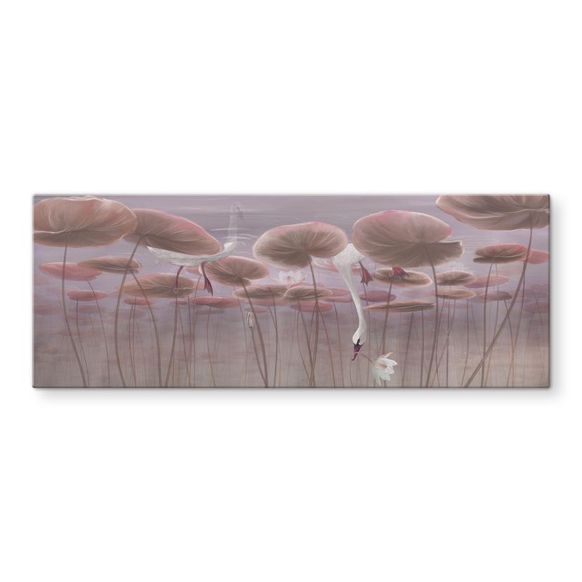 Glasschilderijen Lotusbloemen met zwaan in water in donkerroze - Ms Tiff - Panorama