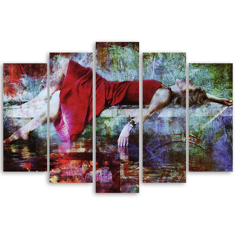 Stampa su tela 5 pezzi, donna in abito rosso astratta