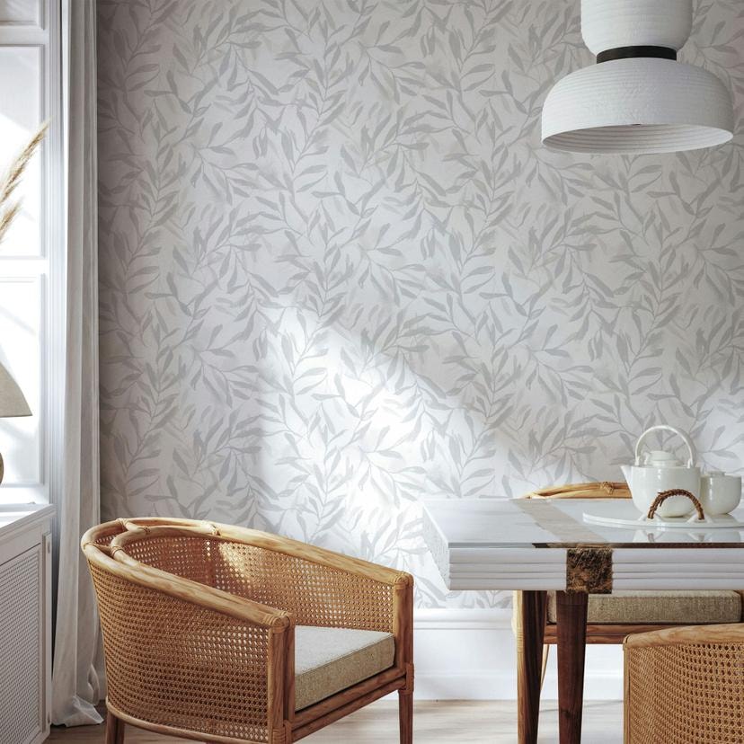 Non-woven tapet i hvid grå blade bladlook vintage blomstret natur