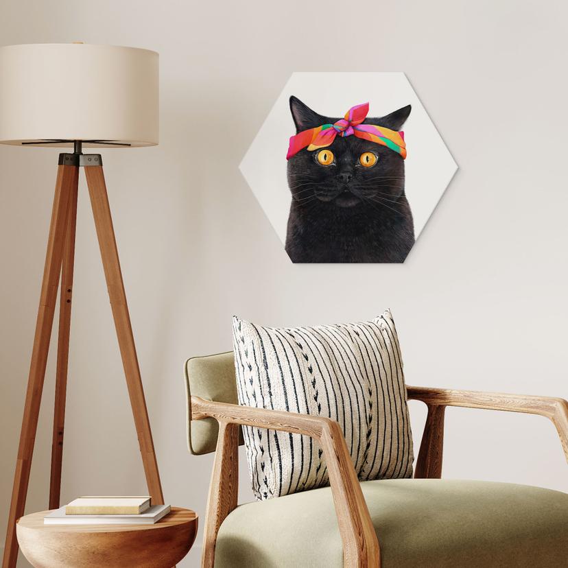 Wanddecoratie Zwarte Kat met Bandana Hexagon - Korenkova