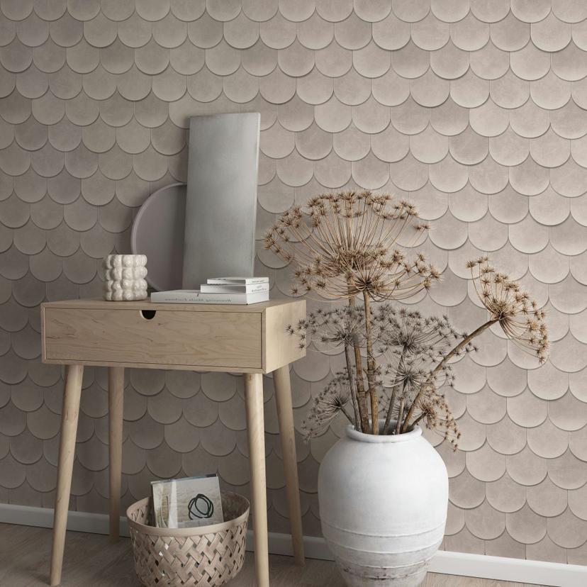 Papel pintado no tejido en gris 3D look escamas vintage usado look geométrico