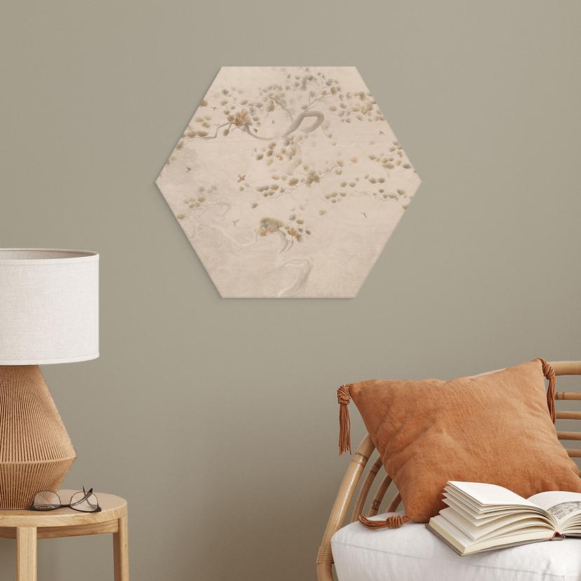 Hexagon Holzbild Elegante Kiefer im asiatischen Stil - Ms Tiff