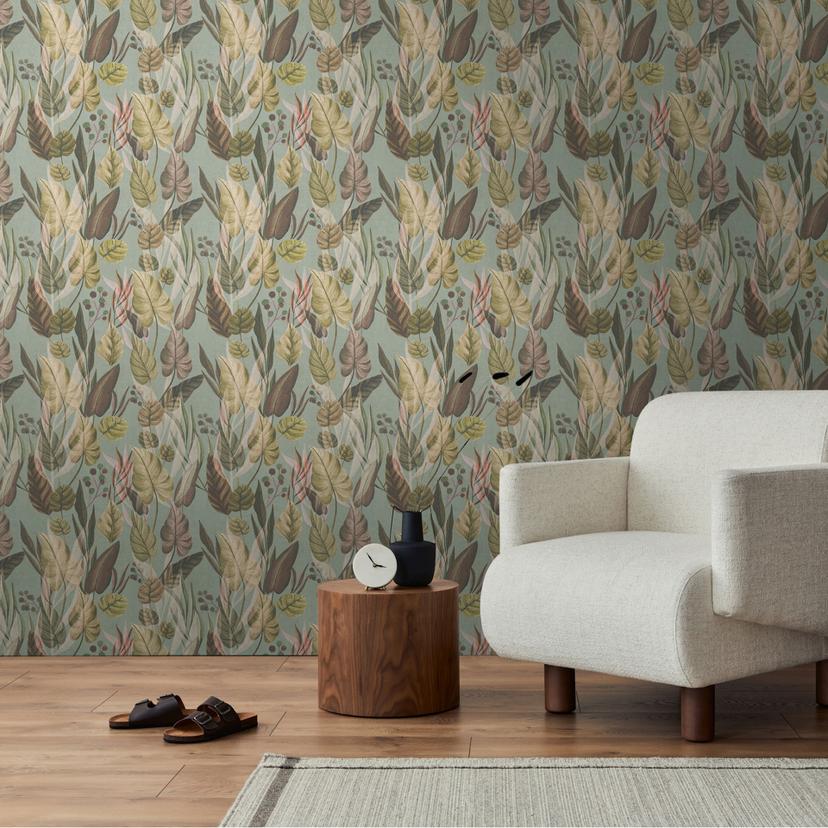 Botanisk tapet grøn beige - Tapet med mønster og planter - Ikke-vævet tapet
