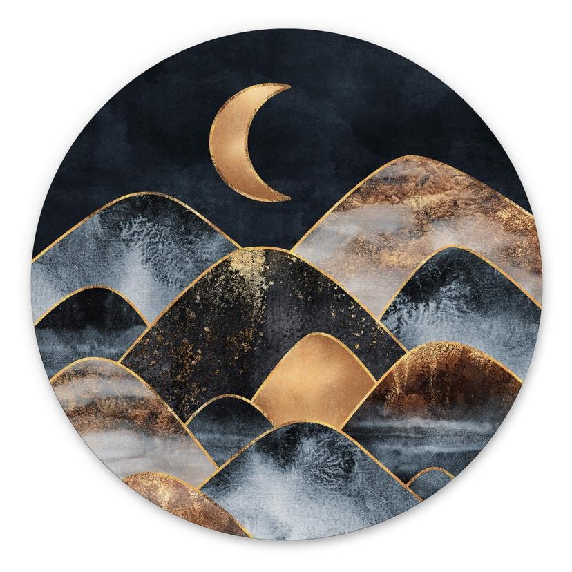 Tableau sur alu-Dibond rond Fredriksson - Montagnes au clair de lune doré