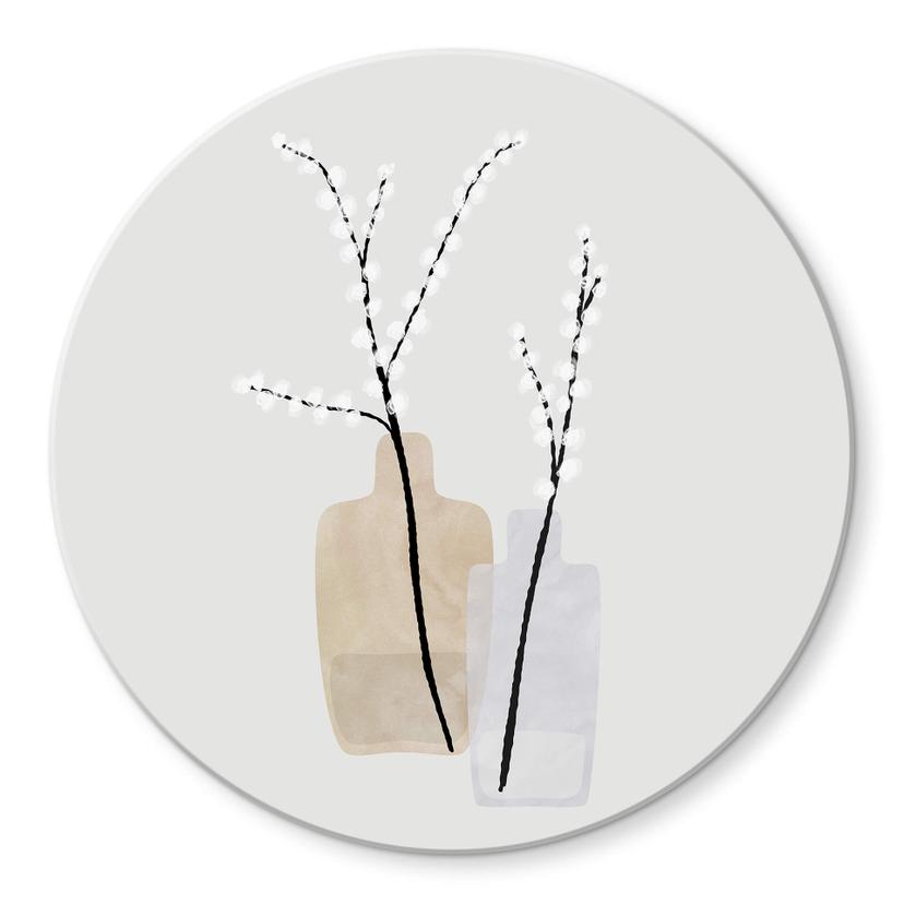 Tableau sur verre Blursbyai - Deux vases avec des branches de saule dans des tons pastels