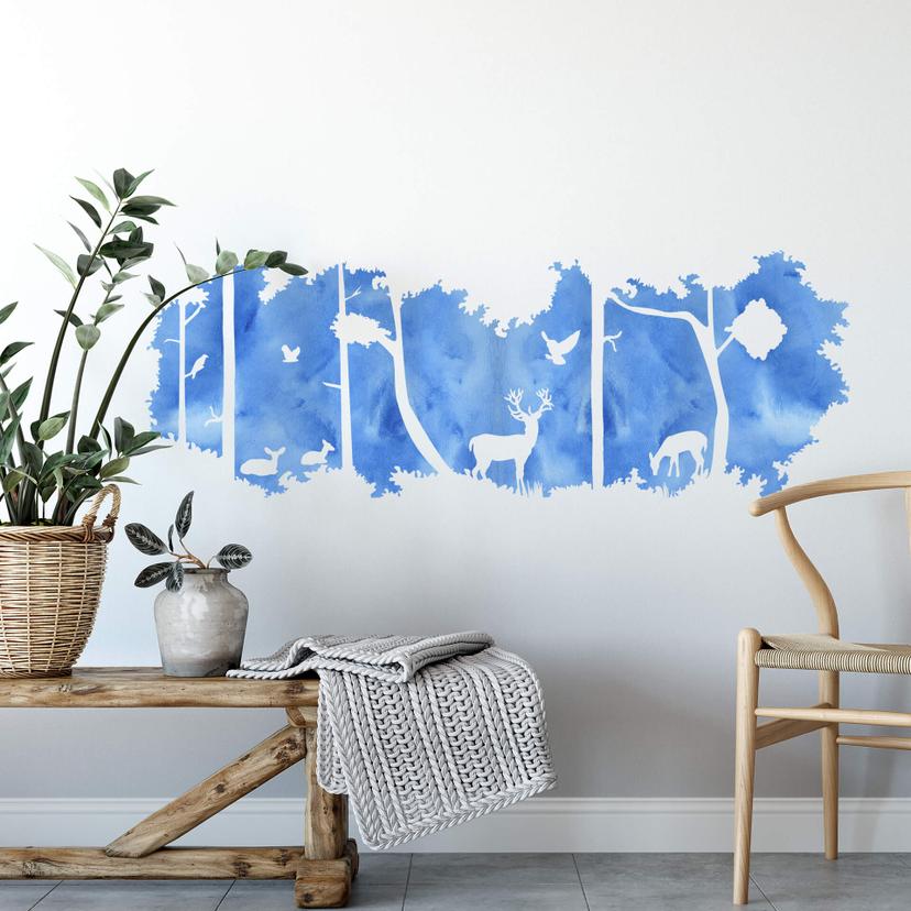 Sticker mural -  Silhouettes de la forêt panorama - Bleu
