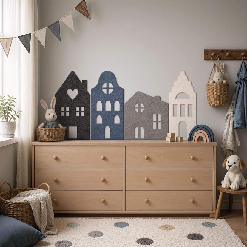 Decori in feltro - Case (Set da 4) con funzione acustica per la cameretta