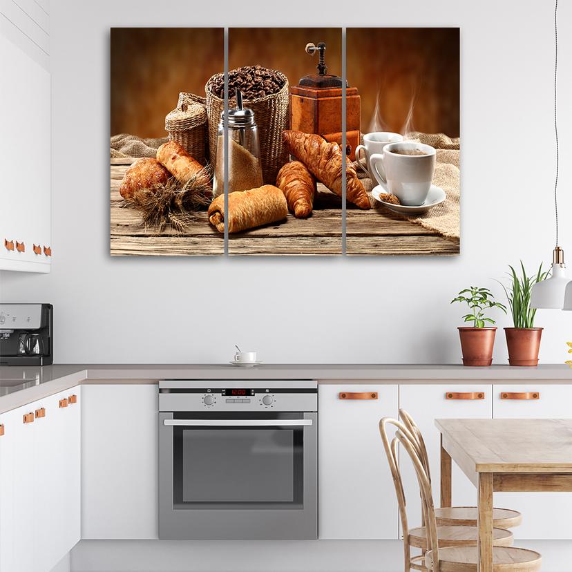 Stampa su tela in 3 parti, caffè con croissant