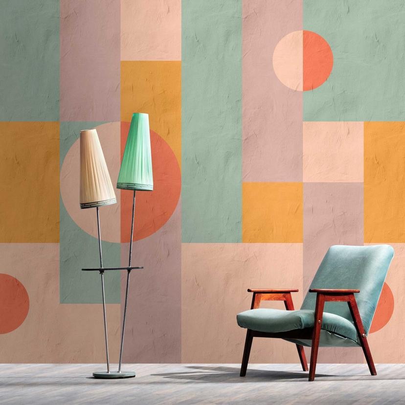 Retro geometrisk tapet - mønster i bløde pastelfarver