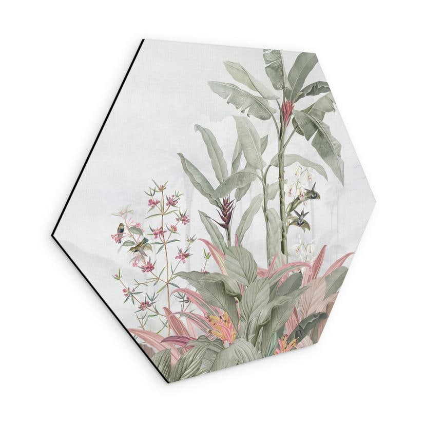 Sekskantet billede Tropisk idyl med kolibri blå - Bloomery Decor - Alu-Dibond