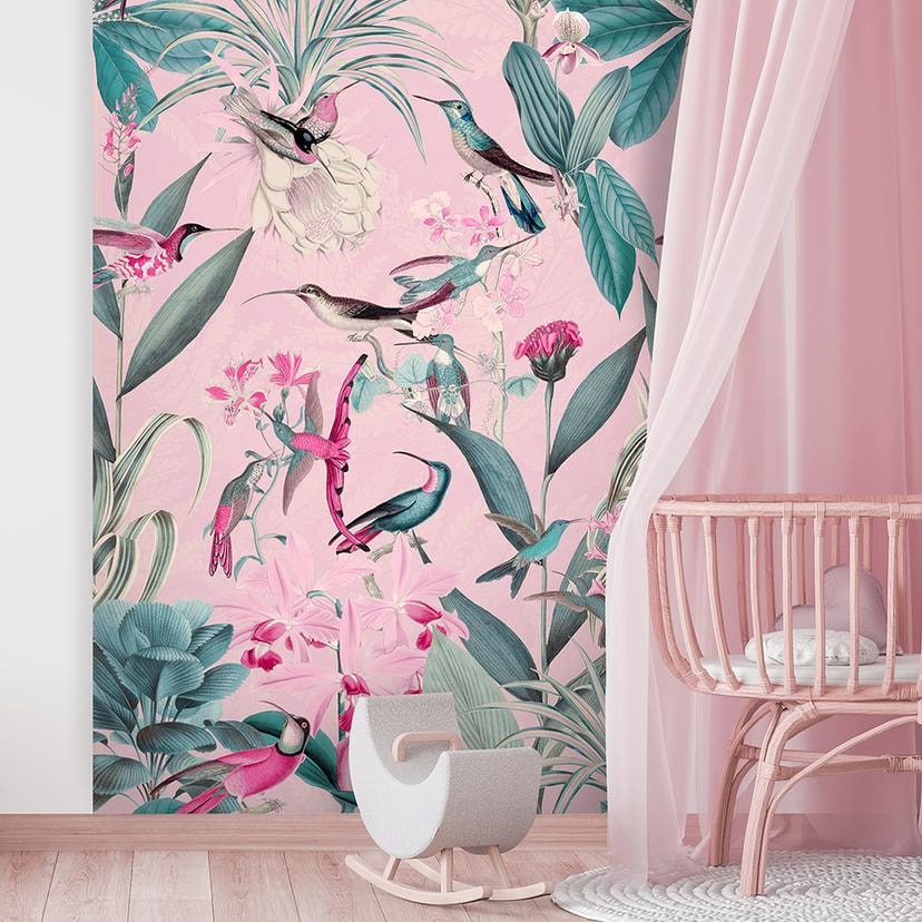 Fototapete, Dschungel Vögel und Blätter auf rosa Hintergrund - Andrea Haase