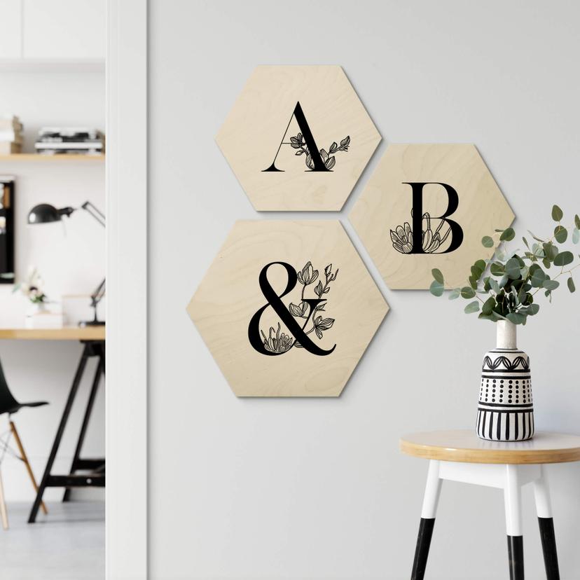 Hexagon Hout Alfabet Letters Bloemen