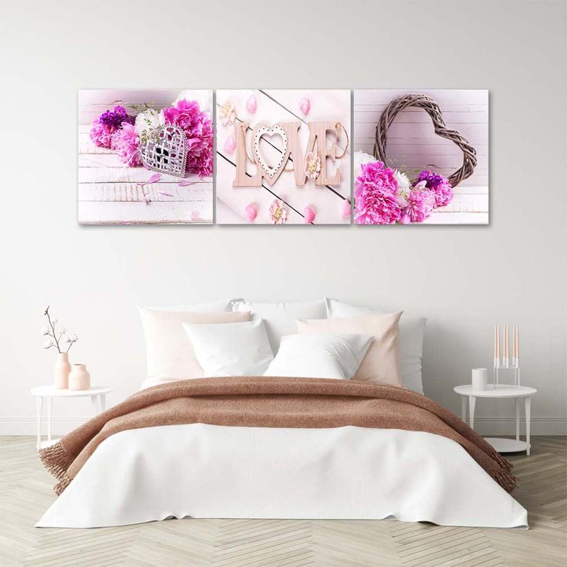 Stampa su tela 3 pezzi, fiore rosa scritta LOVE