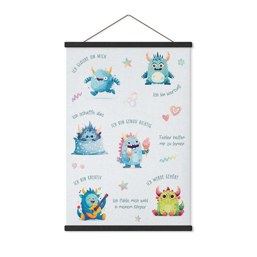 Stoffbild - Affirmationen Monster mit pastelligen Figuren
