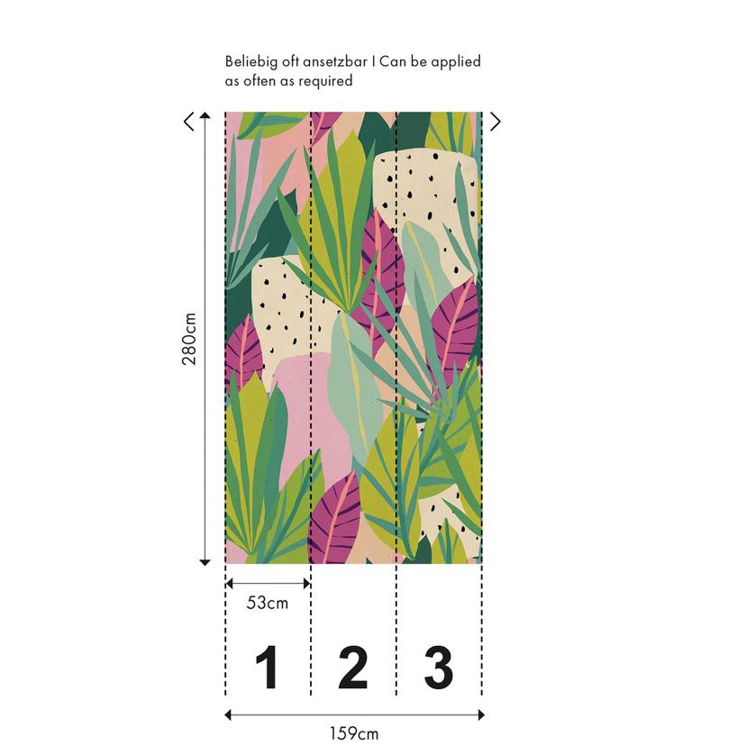 Carta da parati Fotomurale colorata verde rosa - Carta da parati giungla moderna con foglie - Carta