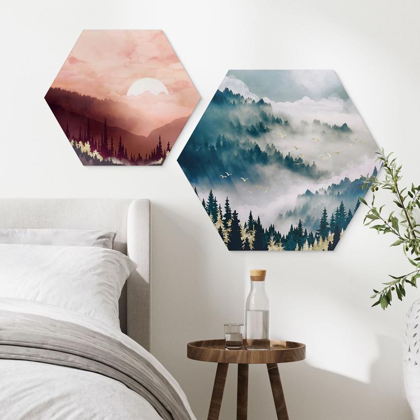 Esagono Alu-Dibond Nebbia misteriosa nella foresta - SpaceFrog Designs