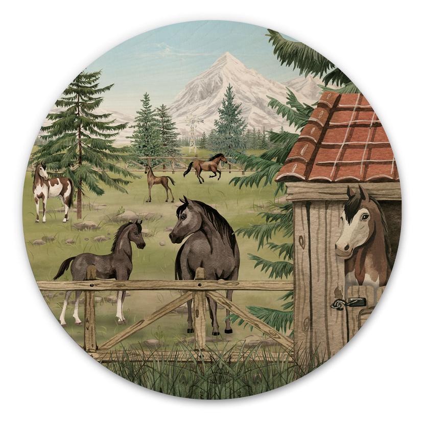 Houten Wanddecoratie Paardenwei in het Natuurpark - Oliver Robins - Rond