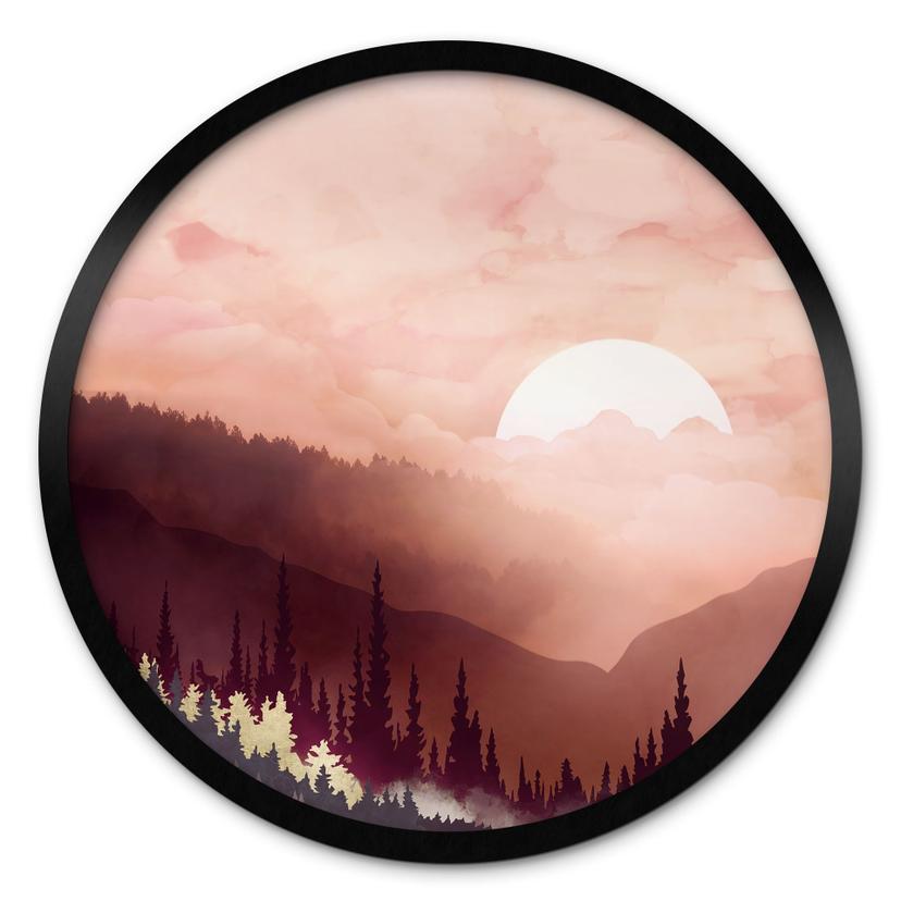 Ronde poster Roze Zonsondergang boven het Bos - SpaceFrog Designs - Rond