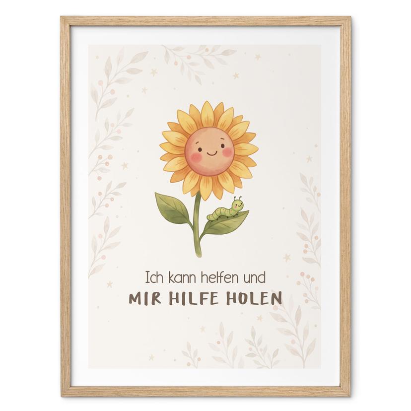 Kinder-Poster 'Ich kann helfen' mit Sonnenblume und Raupe