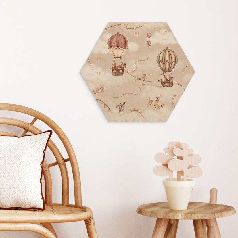 Hexagon Holzbild Tierisches Abenteuer mit Heißluftballon - Oliver Robins