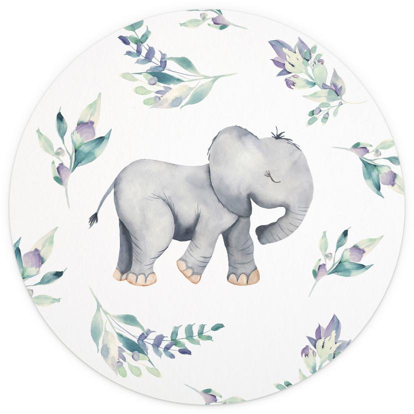 Fototapete Niedlicher Babyelefant zwischen Boho-Zweigen - UN Designs - Rund - Selbstklebend/Vlies