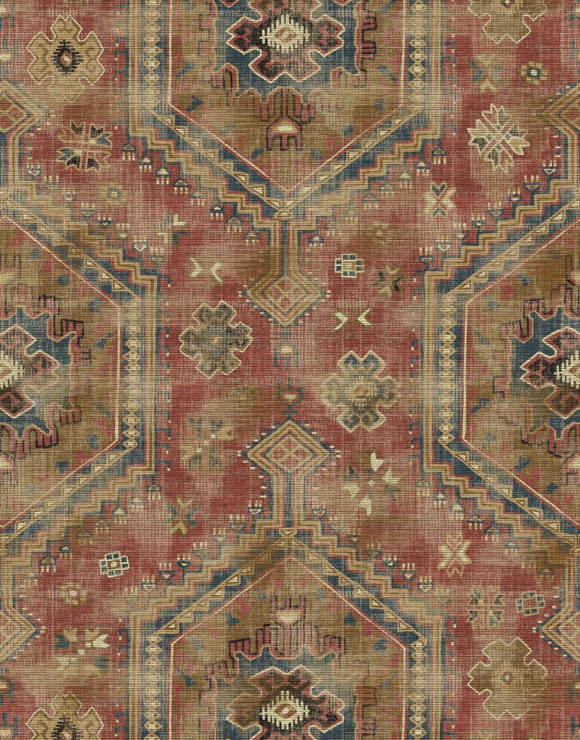 Papier peint photo motif tapis vintage rouge et olive 3,4 x 2,65 m