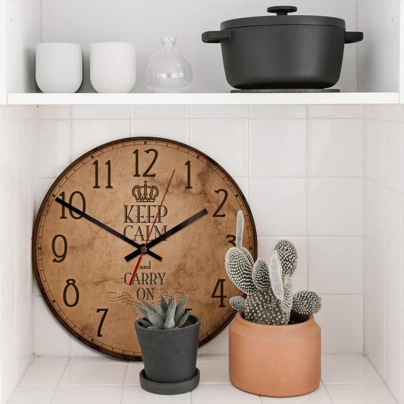 Horloge murale en bois - Keep Calm and Carry on