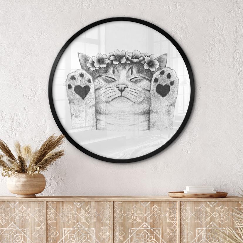 Poster Schattige kat met hart pootjes - Korenkova - Rond
