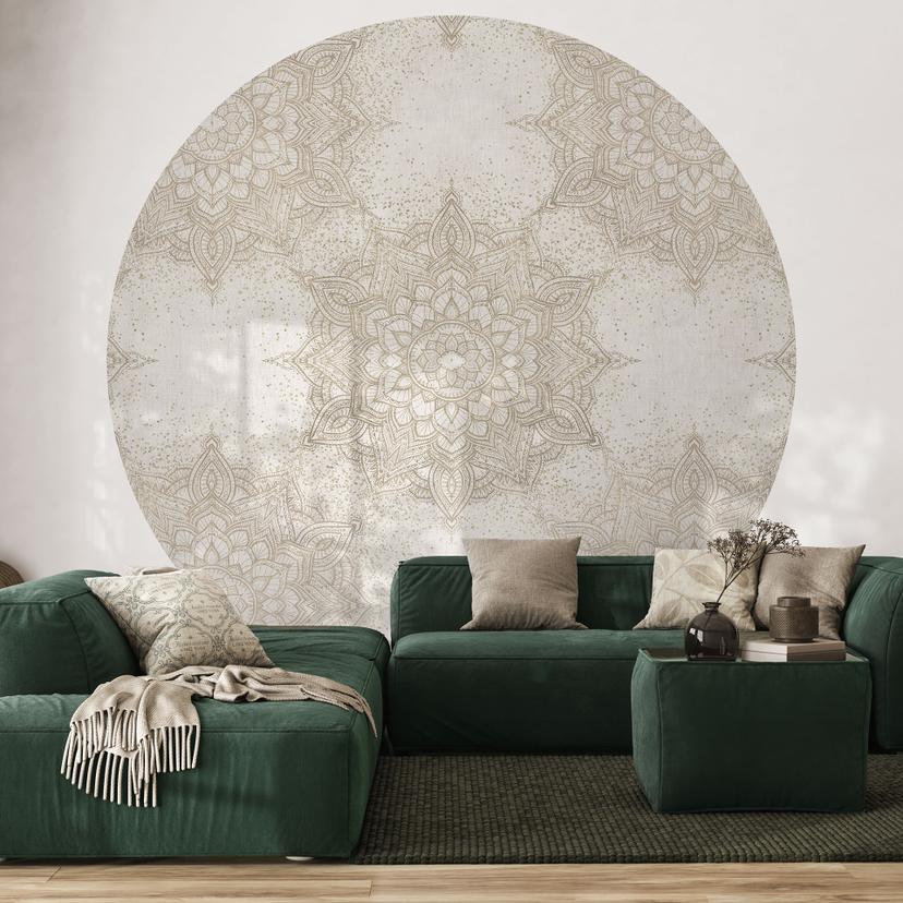 Elegant mandala-fototapet i sandguld - Bloomery Decor - Rundt - selvklæbende/ikke-vævet