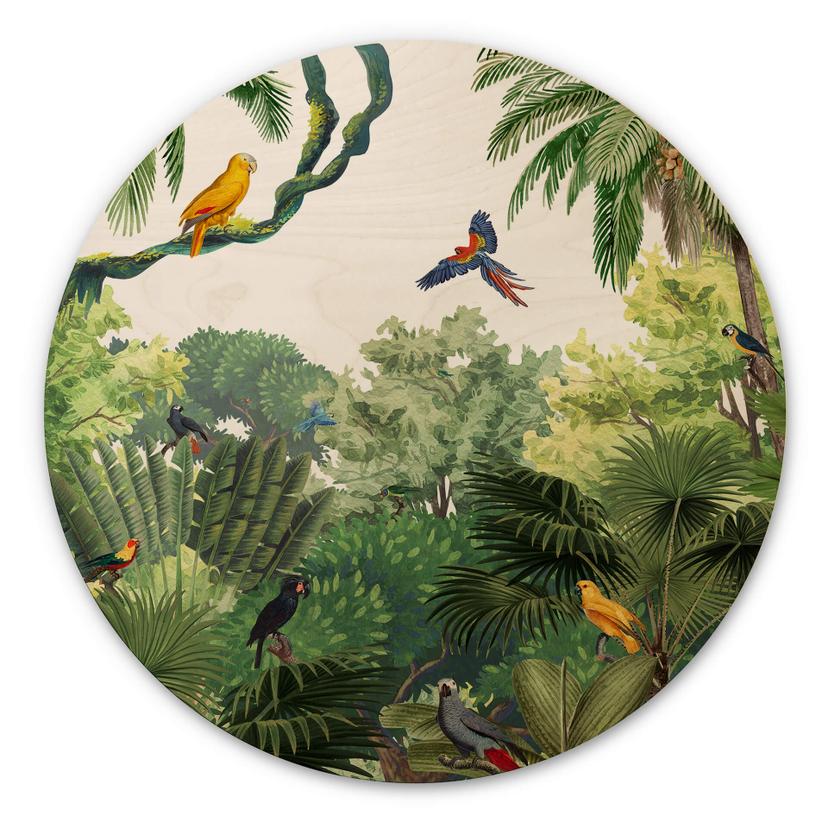 Tableau sur bois rond Kikki Belle - Tropical Birds