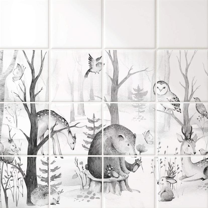 Azulejos Adhesivos Kvilis - Amigos animales en el bosque - blanco y negro - lote de 12