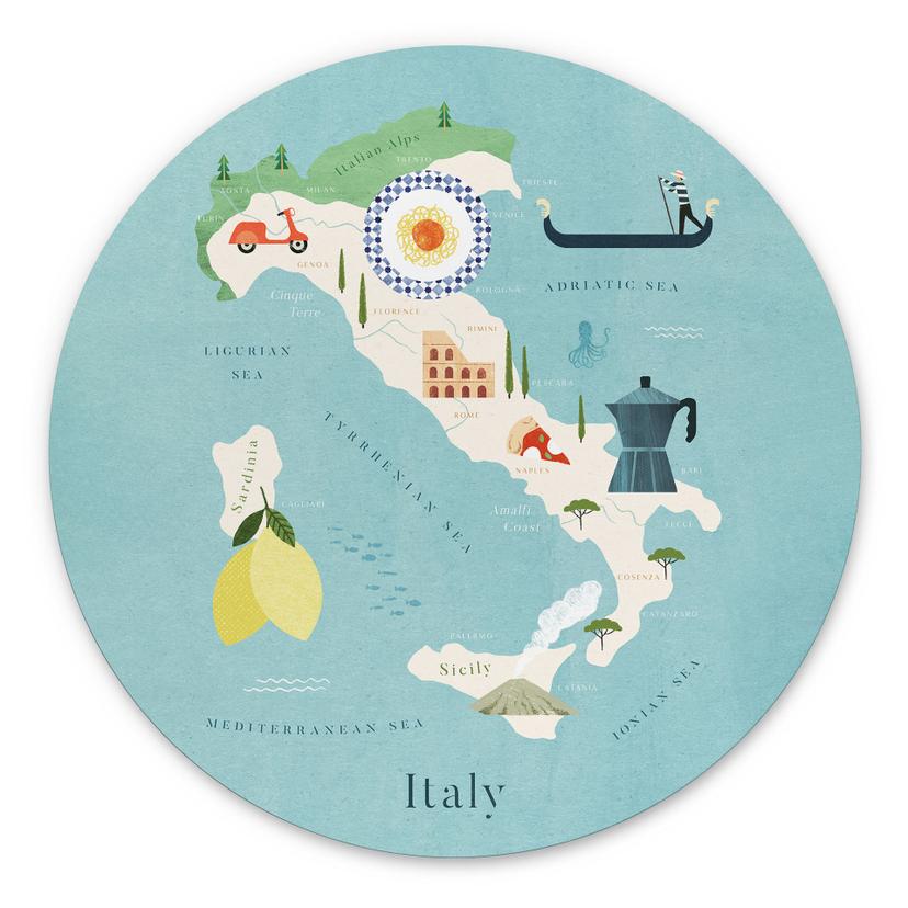 Vægcirkel Kort over Italien - Rivers – print på aluminium (Alu-Dibond)