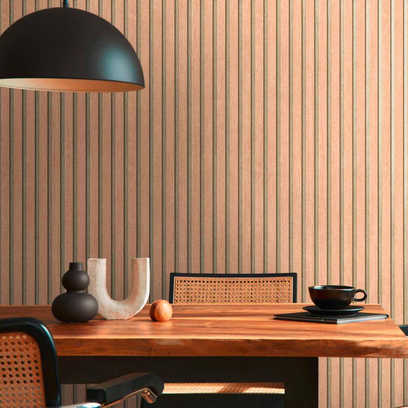 3D-tapet beige med guldmetallic baggrund - skandinavisk akustisk træpanellook