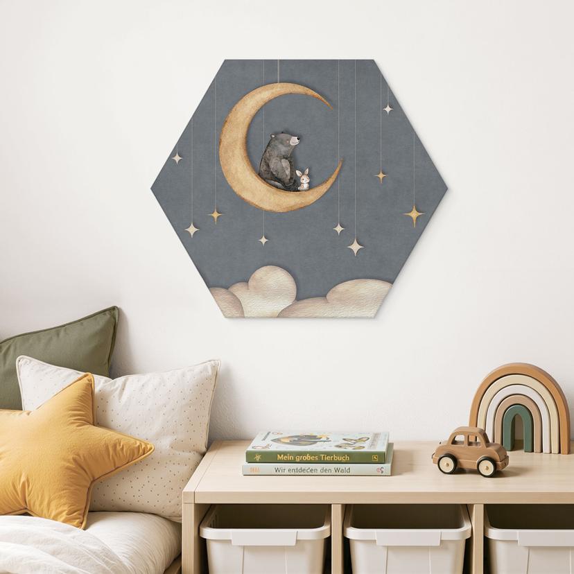 Stampa per pareti Hexagon Lepre e Orso sulla Luna - Oliver Robins - Alu-Dibond