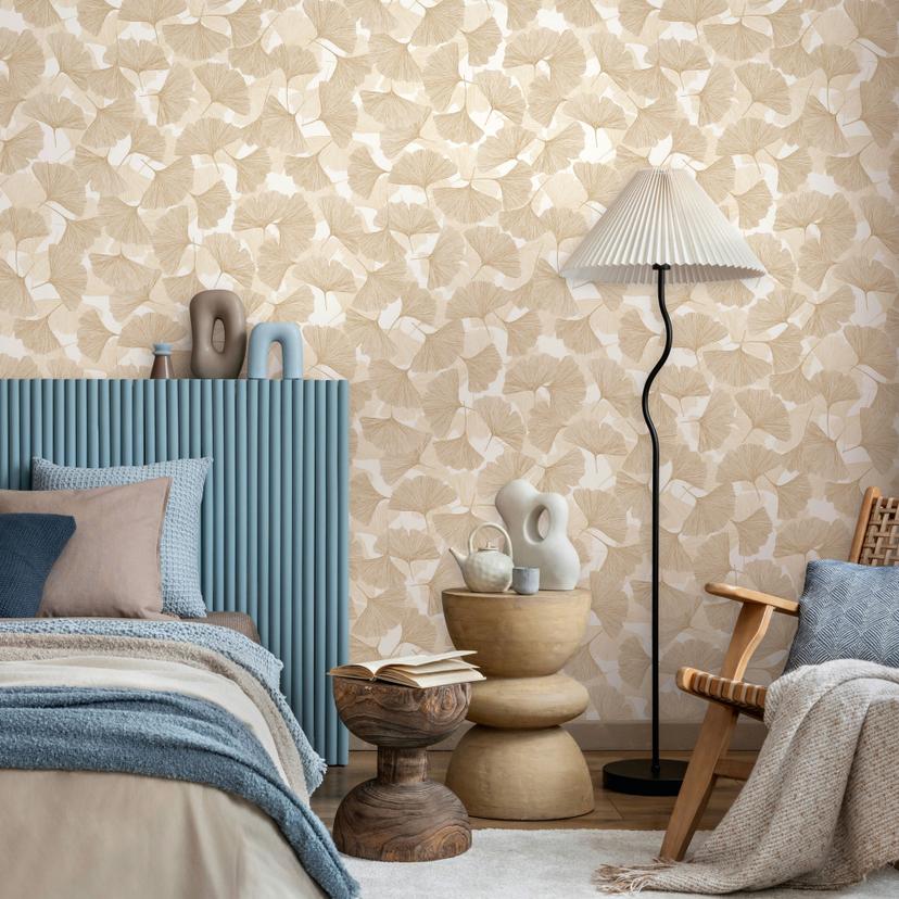 Ikke-vævet tapet 3D, blade blomster natur mat i beige