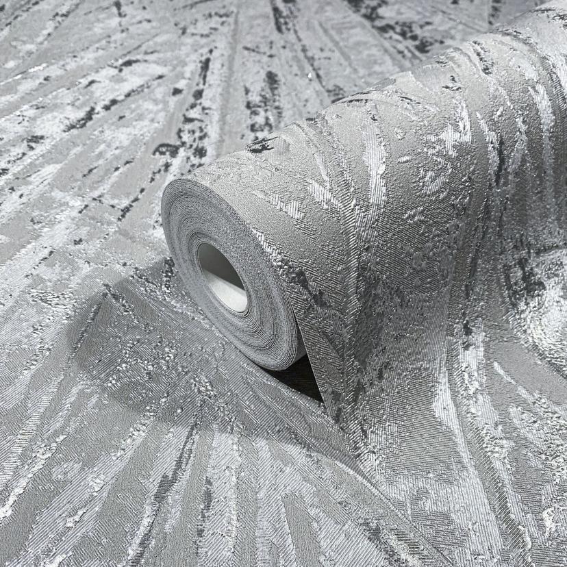 Papel pintado no tejido con brillo y aspecto de abanico gris, textura plateada