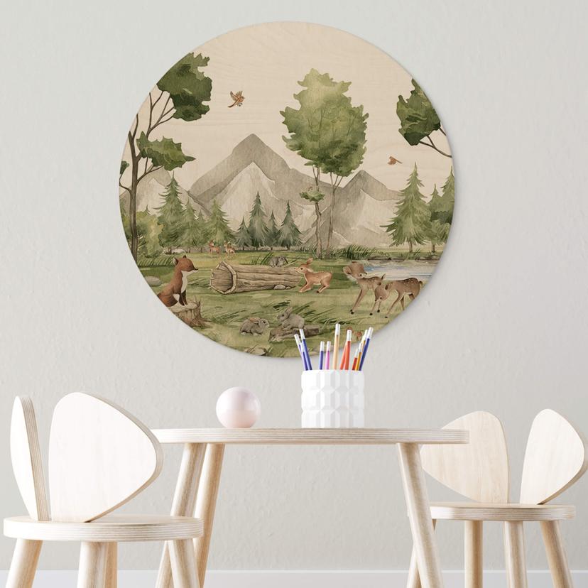 Kinderzimmer Holzbild Oliver Robins - Niedliche Tiere im Wald - Rund