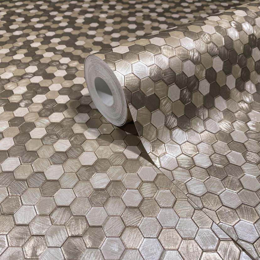 Papel pintado no tejido hexagonal, azulejo metálico aspecto moderno, geométrico brillante en oro