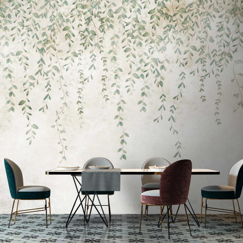 Papier peint jardin suspendu - papier peint intissé avec rinceaux de feuilles pastel