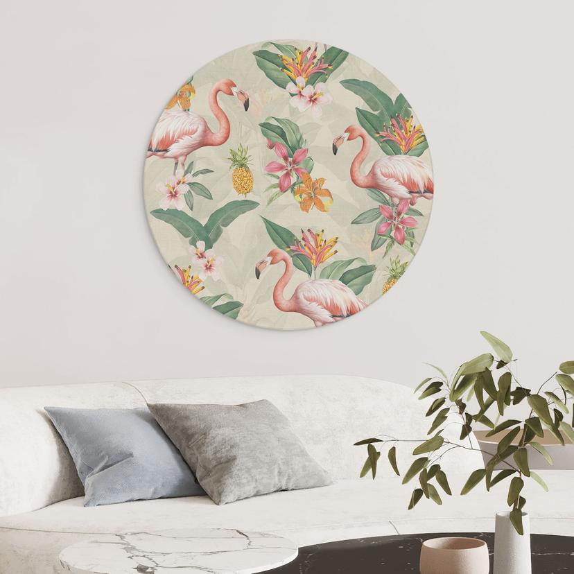 Stampe per pareti con fenicotteri e foglie tropicali - Decorazione floreale - Alu-Dibond rotondo