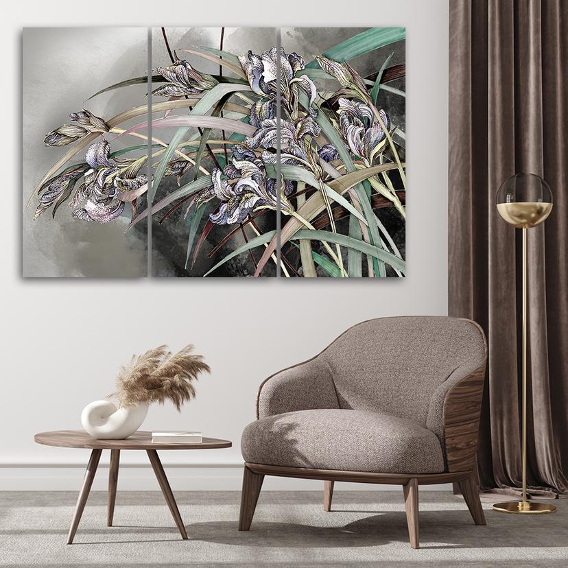 Stampa su tela in 3 pezzi, fiori di iris al vento