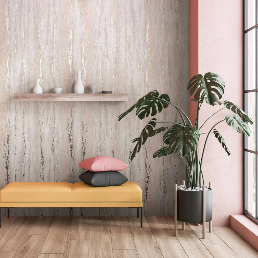 Non-woven tapet med skinnende, grov struktur i beige gipslook
