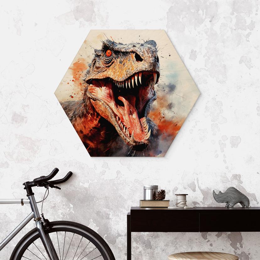 Quadro esagonale in legno T-Rex: il volto selvaggio della preistoria - Jaszke