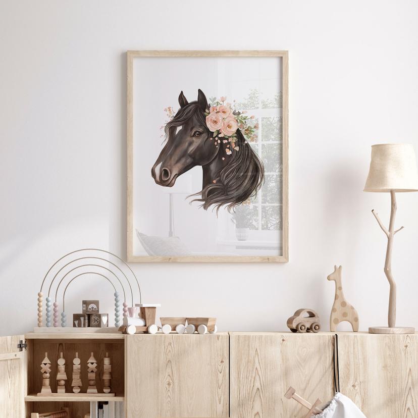Poster med svart boho-häst och rosor | Poster för barn som älskar hästar