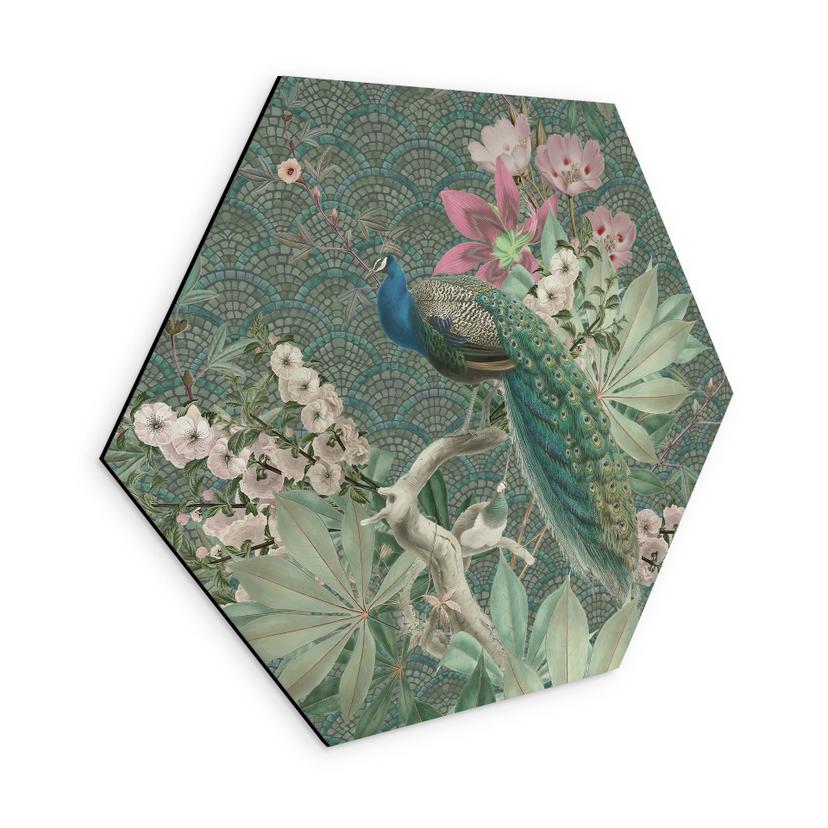 Sekskantet billede af påfugl i tropisk have på mosaik - Bloomery Decor - Alu-Dibond