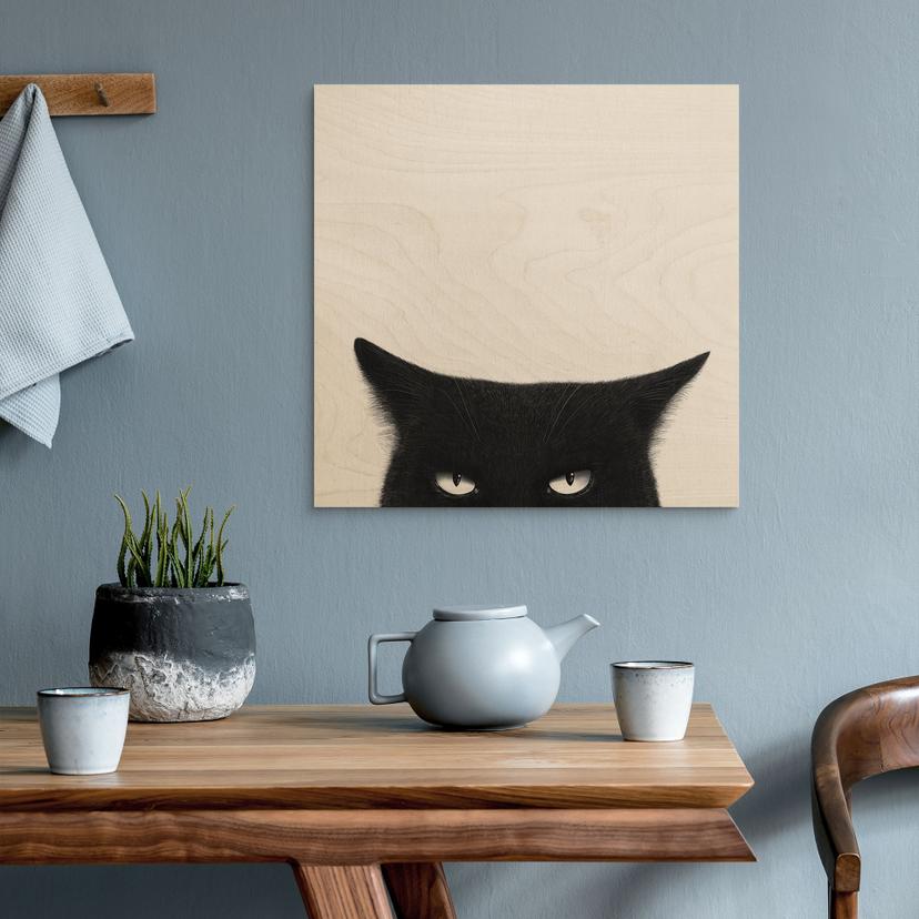 Houten Wanddecoratie Blik van een zwarte kat - Korenkova - Vierkant