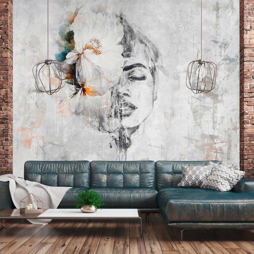 Papel pintado Art mujer flor gris colorido - Papel no tejido 3,75 m x 2,50 m moderno creativo